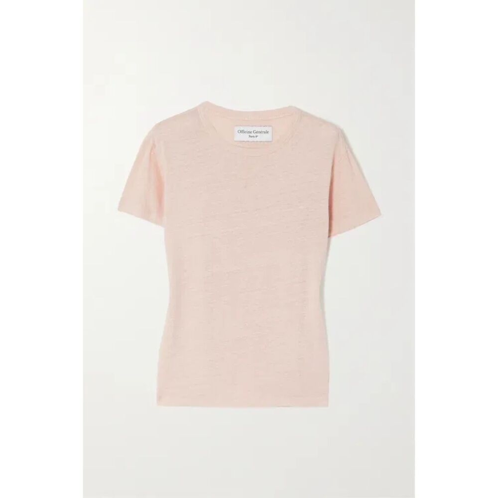 Officine Générale Lara Linen Stretch Short Sleeve Tee Shirt in Light Pink size M